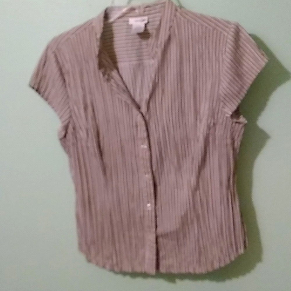 Short sleeve blouse with white, black & tan striped, East 5th, PM